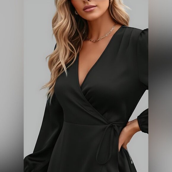 Black Satin Wrap Tie Lantern Sleeve Dress - Picture 2 of 6